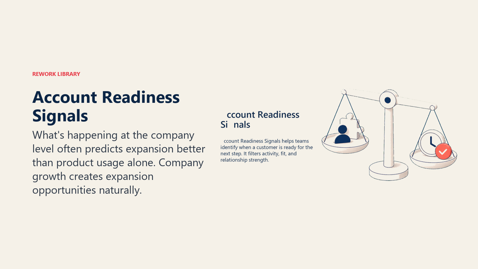 Account Readiness Signals showing a small balance scale weighing customer fit against timing with one coral readiness marker for account readiness signals