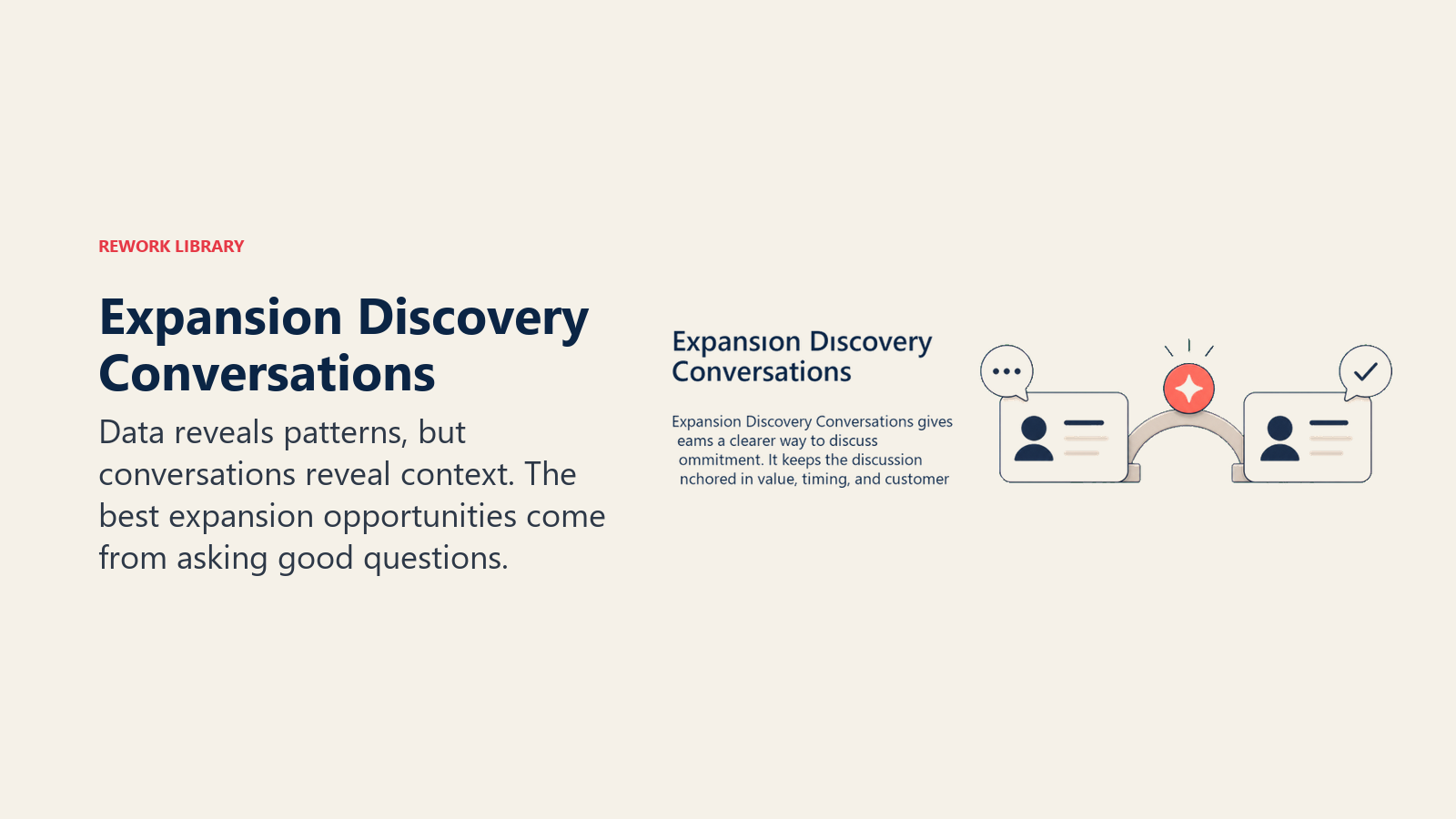 Expansion Discovery Conversations showing two simple message cards connected by a soft bridge with one coral commitment marker for expansion discovery conversations