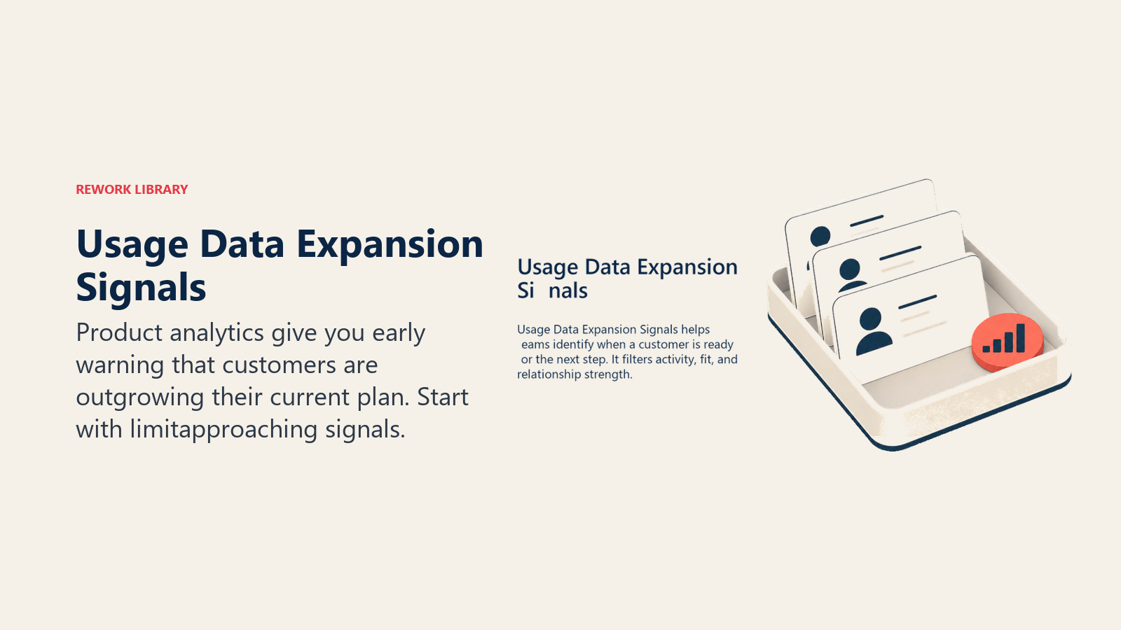 Usage Data Expansion Signals showing a neat evidence tray with customer cards and one coral signal token for usage data expansion signals