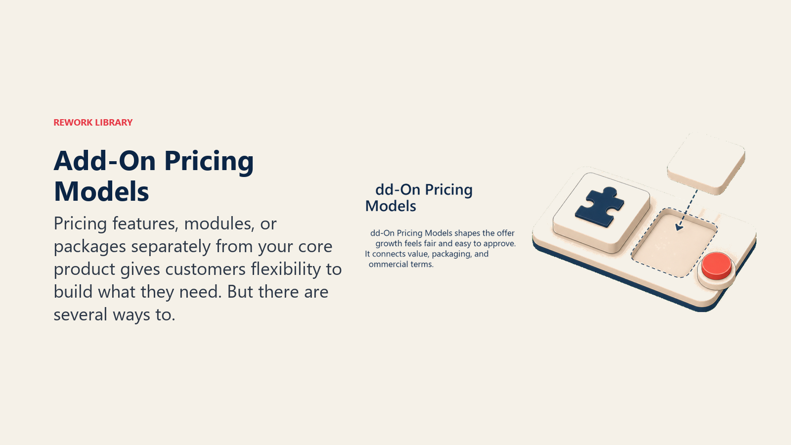 Add-On Pricing Models showing an add-on module tray where one optional module slides beside a core package, with one coral add-on marker and no text