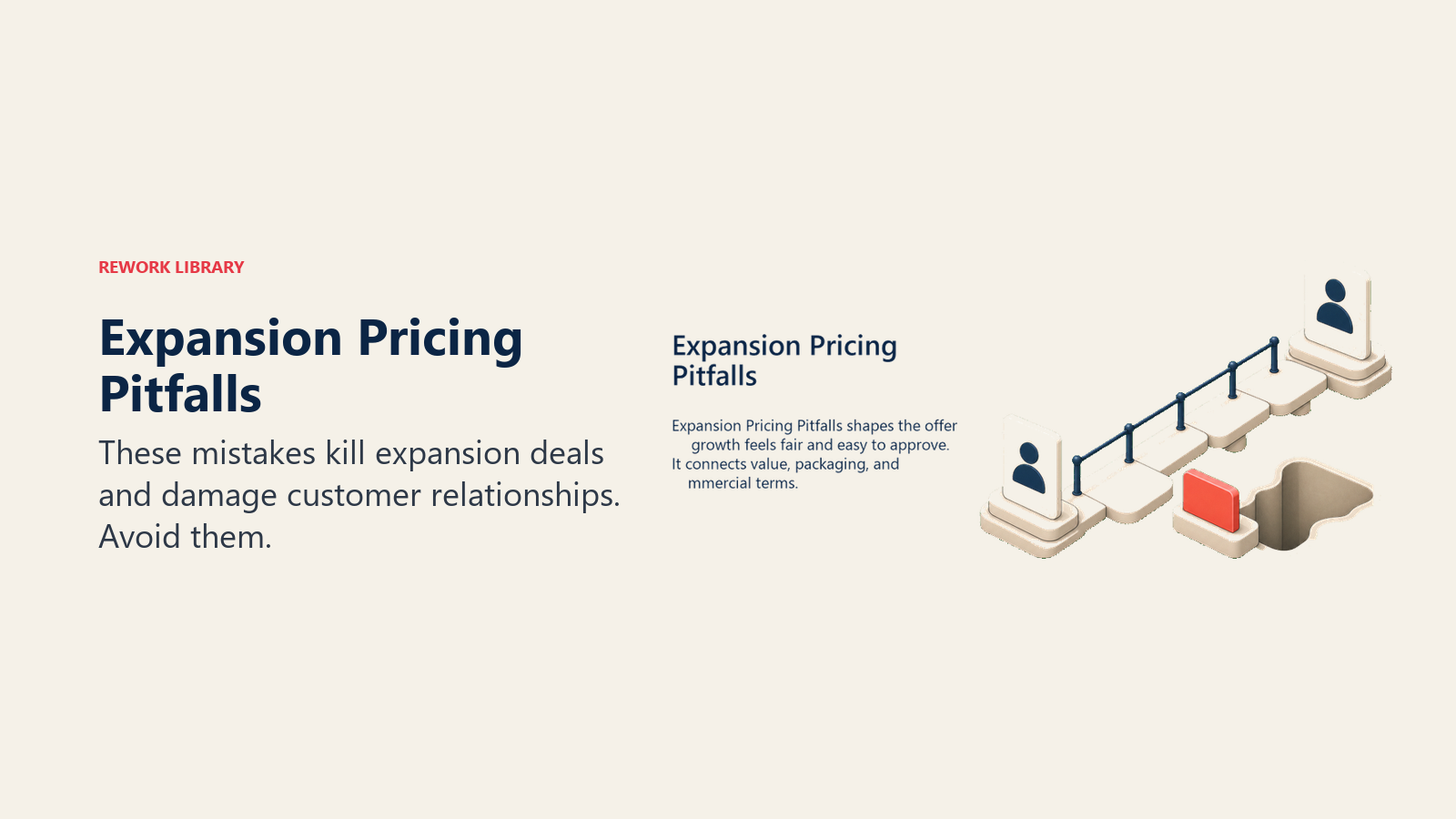 Expansion Pricing Pitfalls showing a pricing path protected by a guardrail beside a small pitfall gap, with one coral caution block and no text