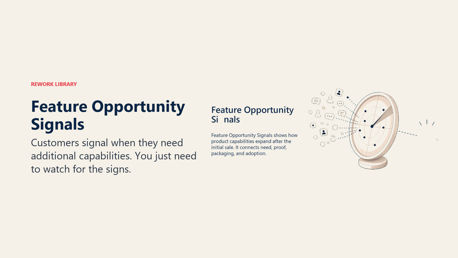 Feature Opportunity Signals showing a soft radar gauge filtering customer activity into one coral readiness signal for feature opportunity signals