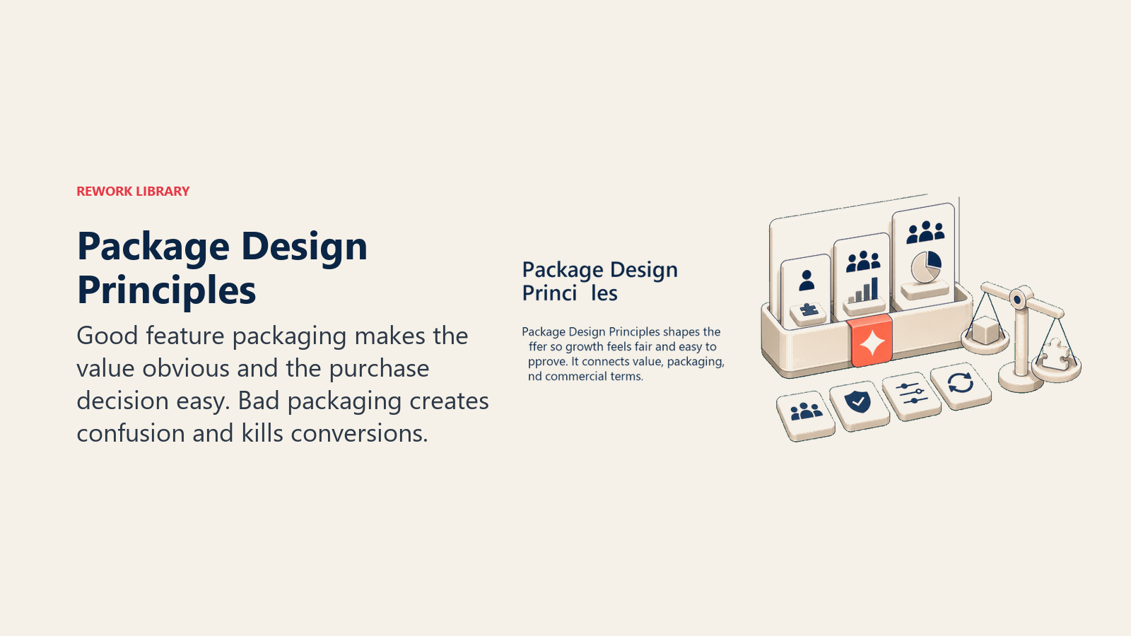 Package Design Principles showing a modular package shelf with stacked capability tiles, a small balance scale, and one coral approval tab for package design principles