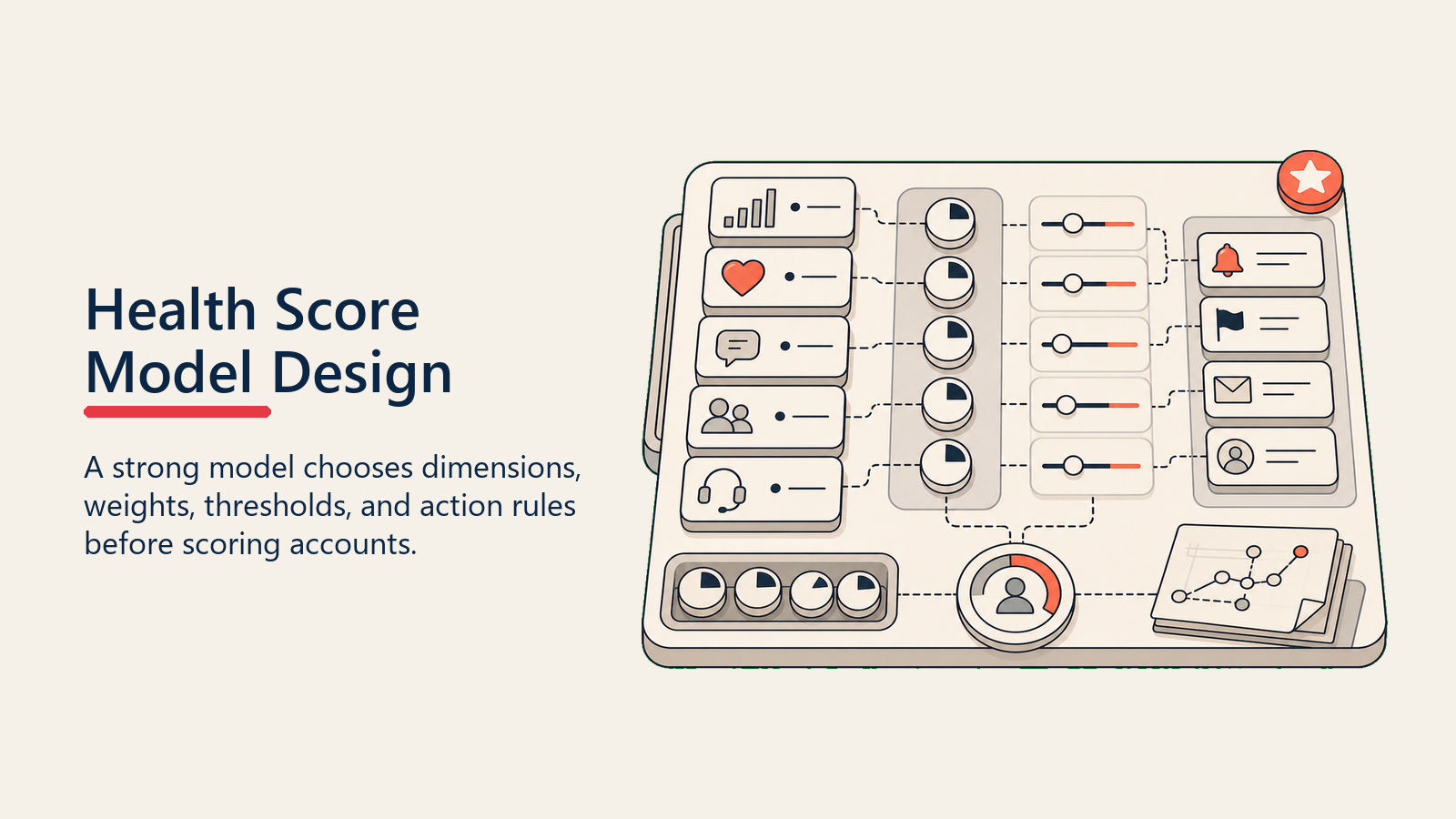 Health Score Model Design showing a model design workbench arranging dimension cards, weight tokens, thresholds, and action rules into one scoring blueprint