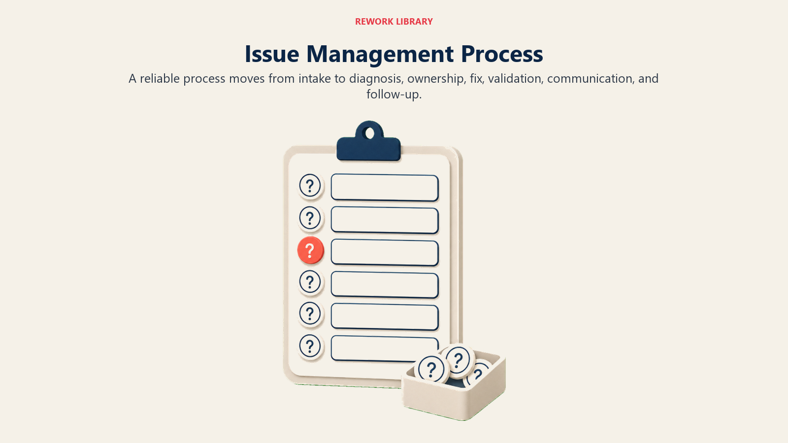 Issue Management Process showing a resolution route moving from intake to diagnosis, assignment, fix, validation, and follow-up