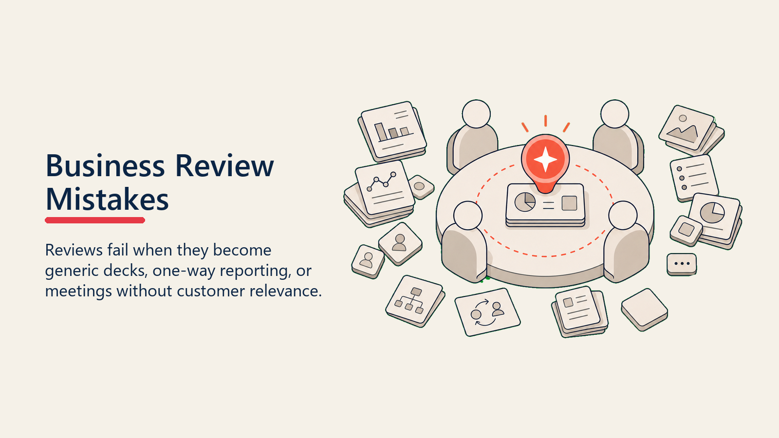 Business Review Mistakes showing a review table with generic deck clutter pushed aside while one coral relevance marker restores focus