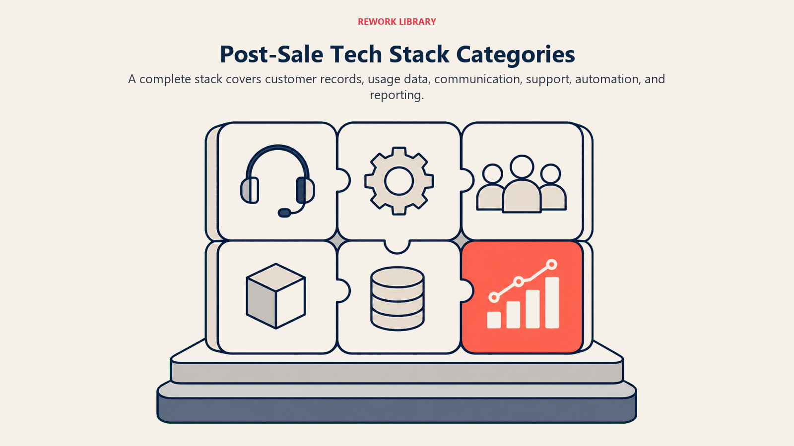 Post-Sale Tech Stack Categories shown as interlocking tool-category foundation blocks