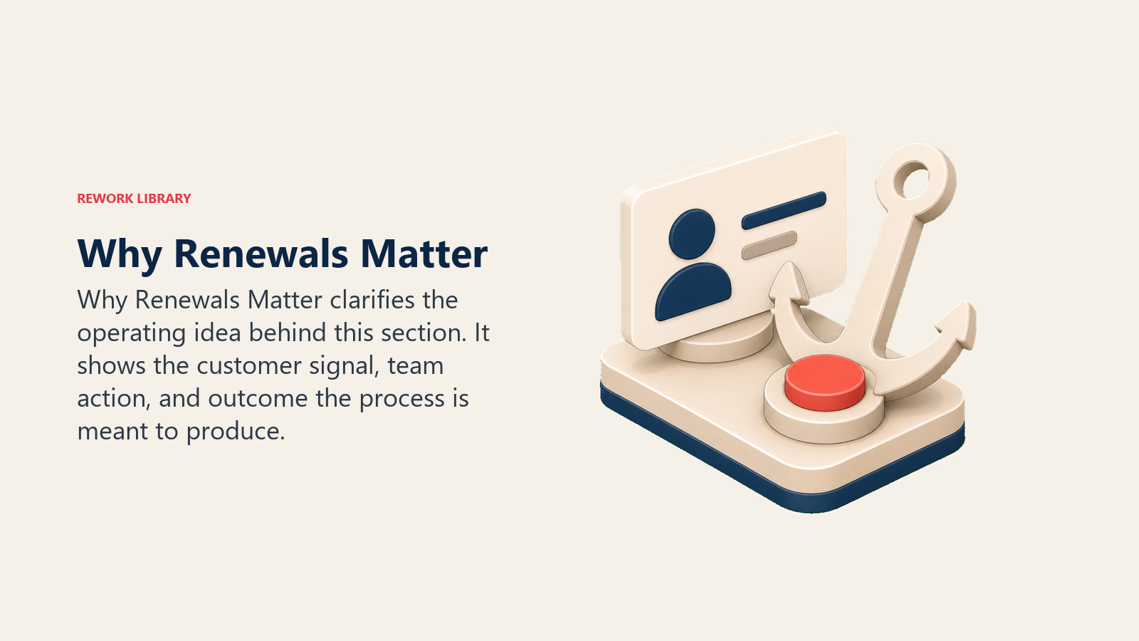 Why Renewals Matter showing a renewal revenue anchor holding a customer relationship card steady, with one coral value marker and no text