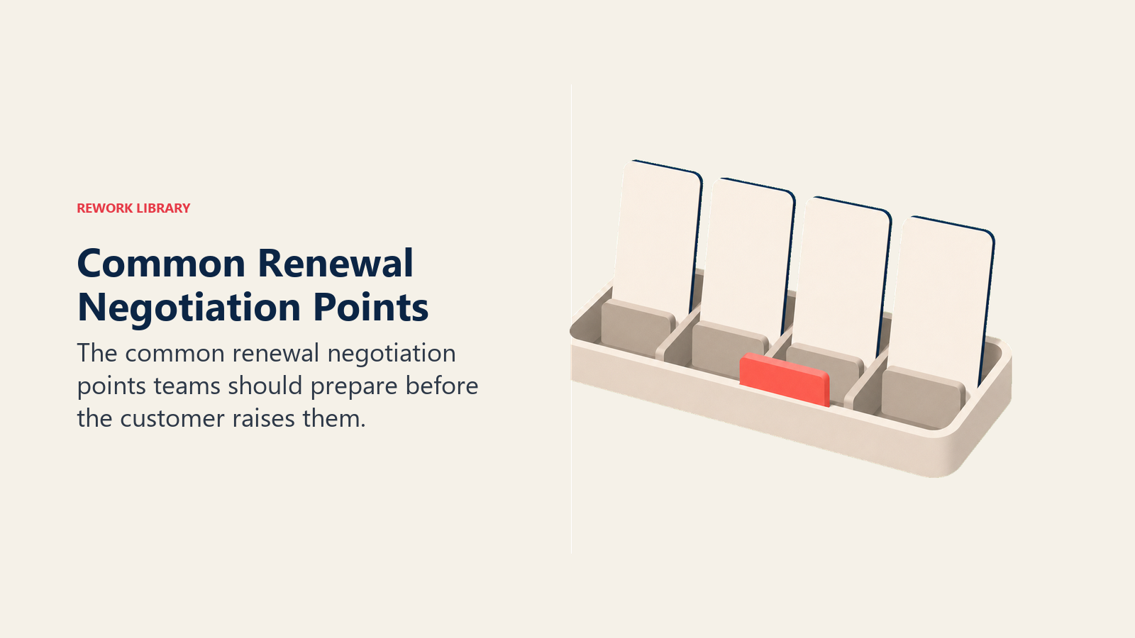 Common Renewal Negotiation Points showing an organized negotiation issue tray with blank cards for price, term, scope, and support, plus one coral focus tile