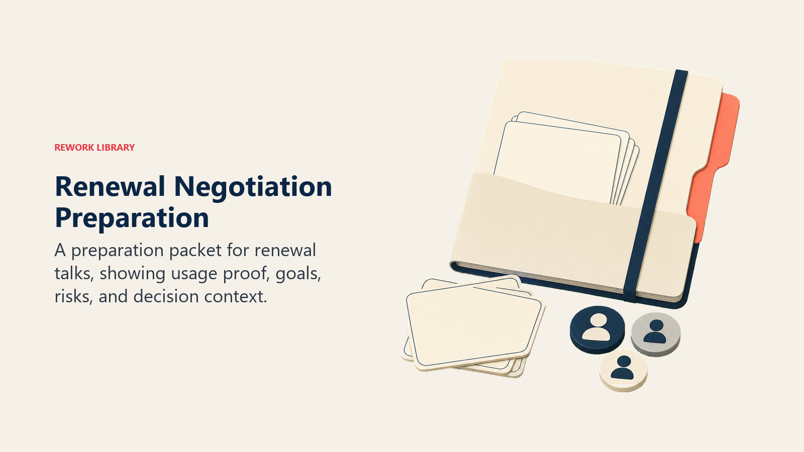 Renewal Negotiation Preparation showing a neat preparation packet with blank usage cards, stakeholder tokens, and one coral readiness tab