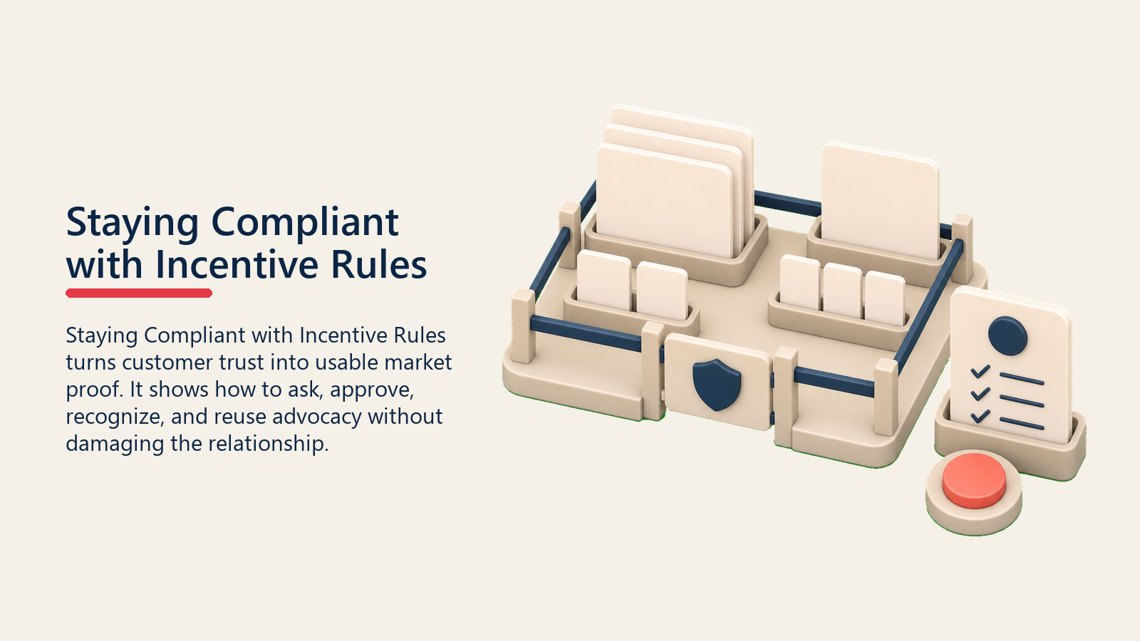 Staying Compliant with Incentive Rules showing compliance guardrail protecting blank incentive and review cards with one plain coral policy marker