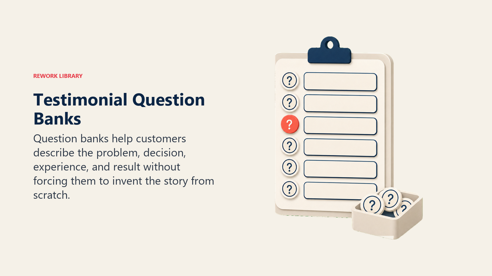Testimonial Question Banks showing a testimonial question bank represented by a neat tray of completely blank prompt cards and one plain coral selection marker, no question marks or labels