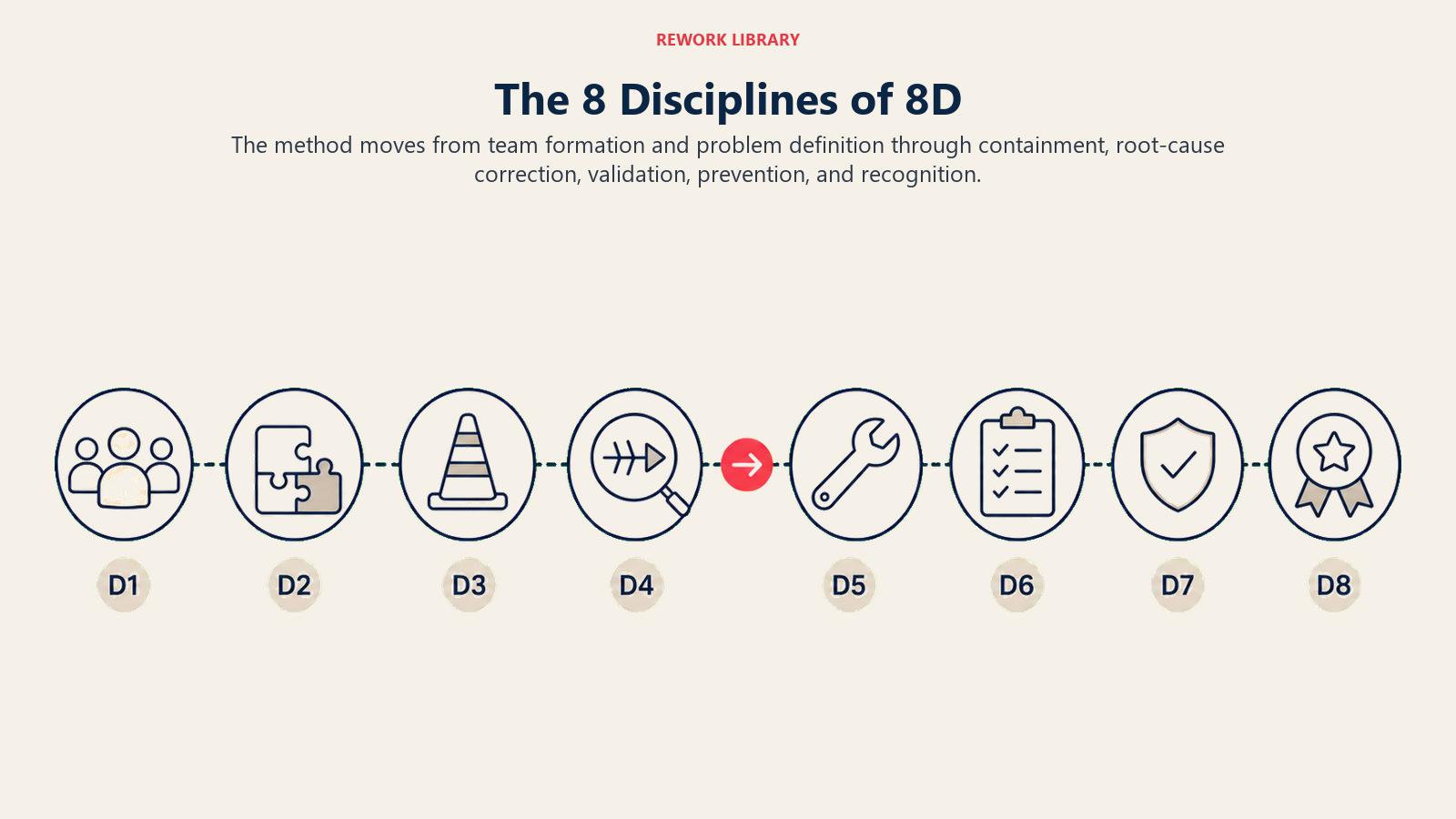 Eight disciplines of 8D shown as a route from team formation to recognition