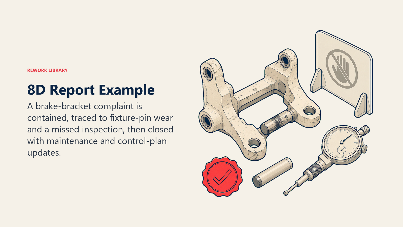 8D report example tracing a brake bracket defect to fixture wear and validated corrective action