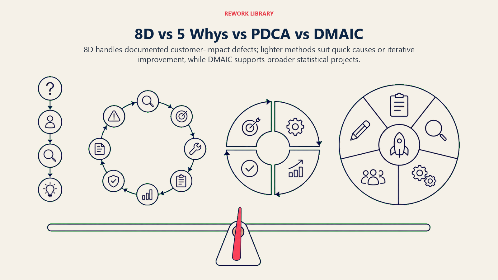 8D compared with 5 Whys, PDCA, and DMAIC by structure and project scale