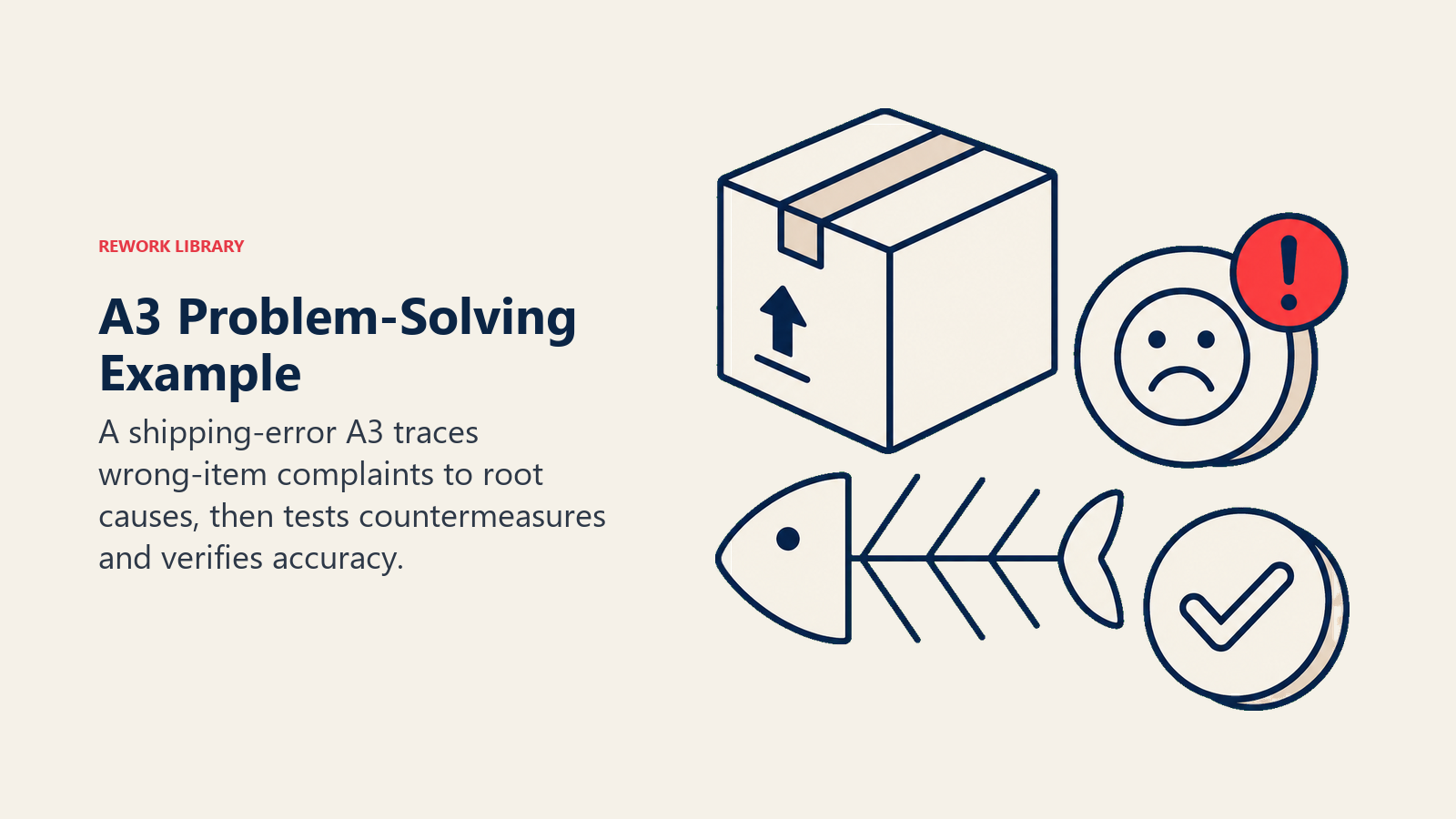 A3 Problem-Solving Example illustrated as shipping box, complaint token, fishbone clue, and verified checkmark on a workbench.