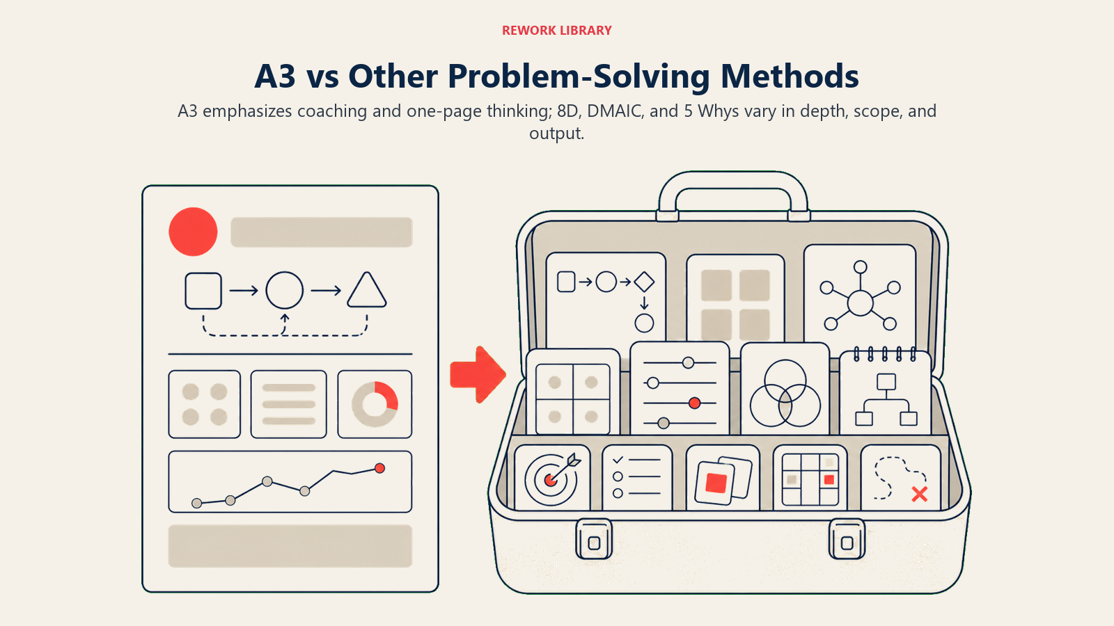 A3 vs Other Problem-Solving Methods illustrated as one-page A3 sheet compared with toolbox of deeper method artifacts.
