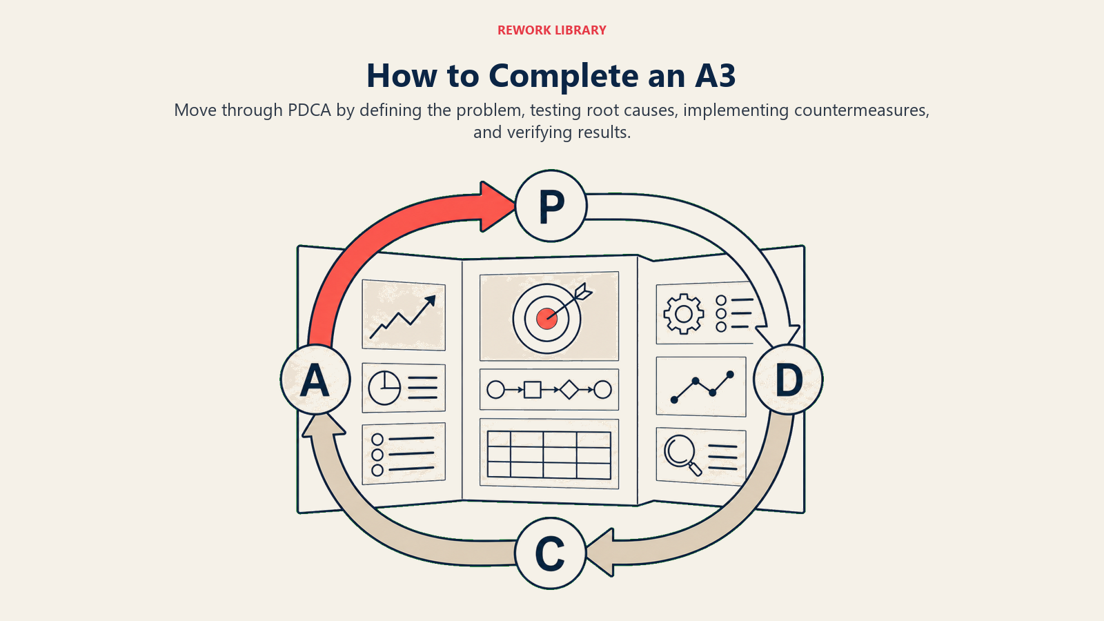 How to Complete an A3 illustrated as wide PDCA loop passing through a single unfolding A3 sheet.