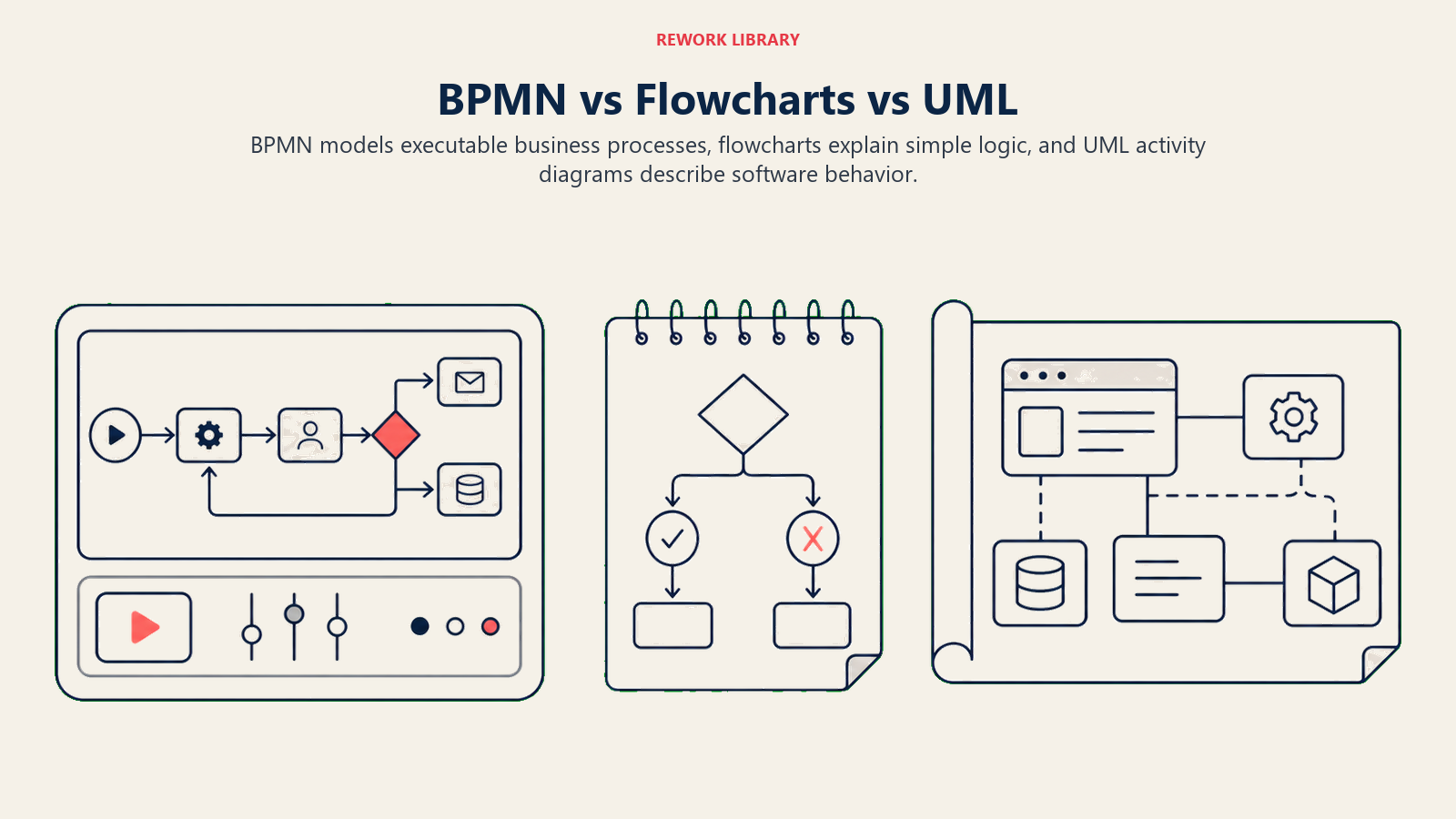 BPMN compared with flowcharts and UML activity diagrams