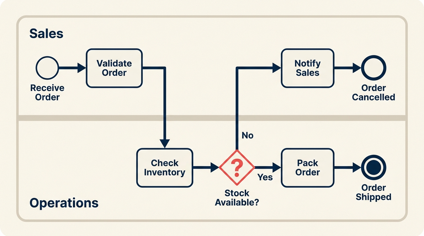 BPMN business process model and notation diagram with pools and gateways