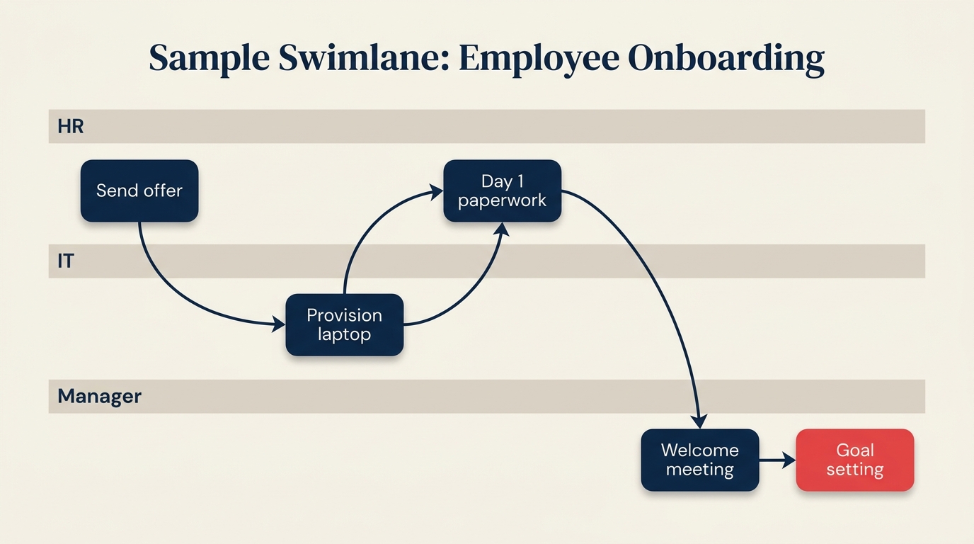 Sample swimlane process map for an employee onboarding workflow
