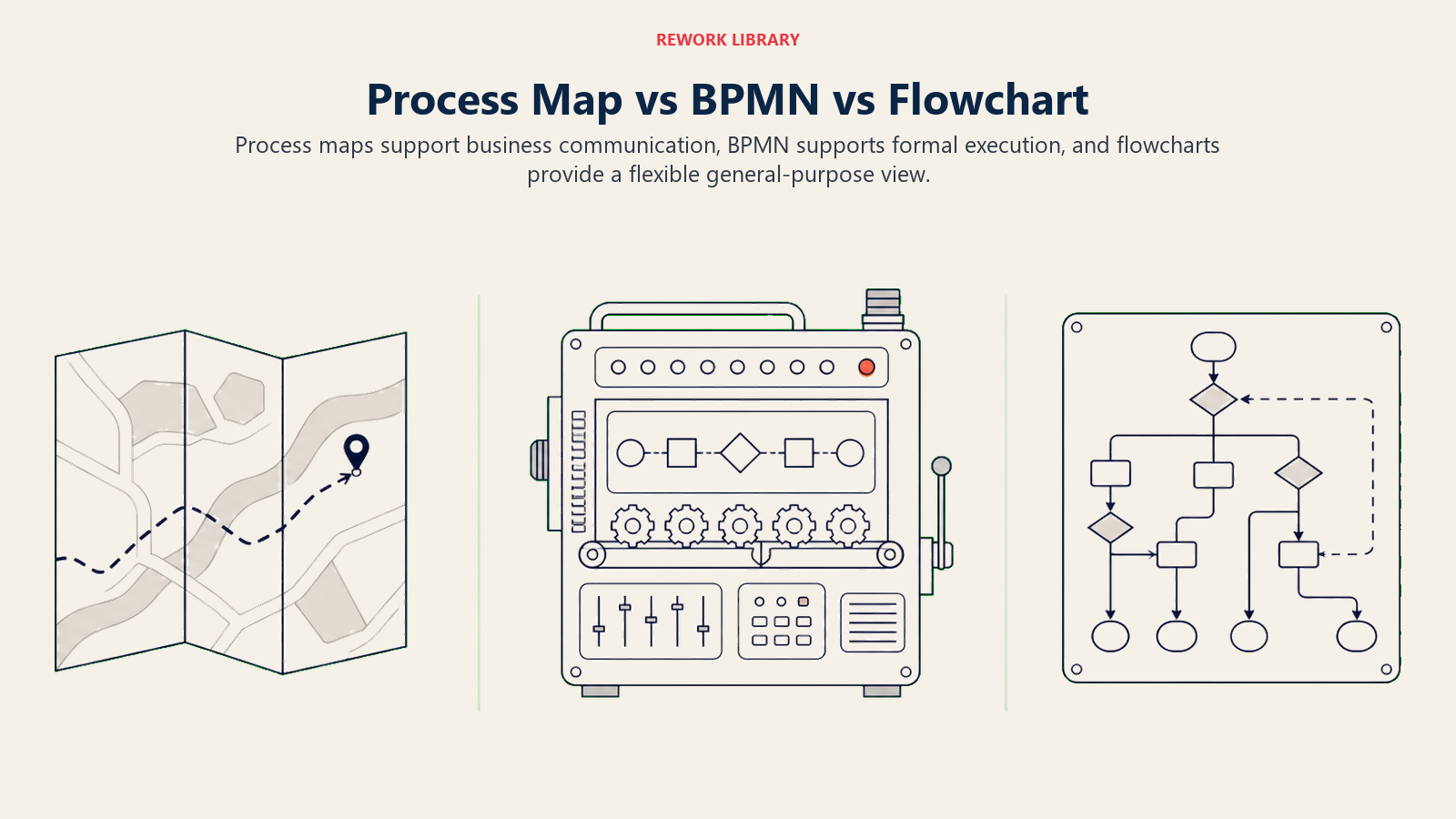 Process map, BPMN, and flowchart compared as three levels of formality