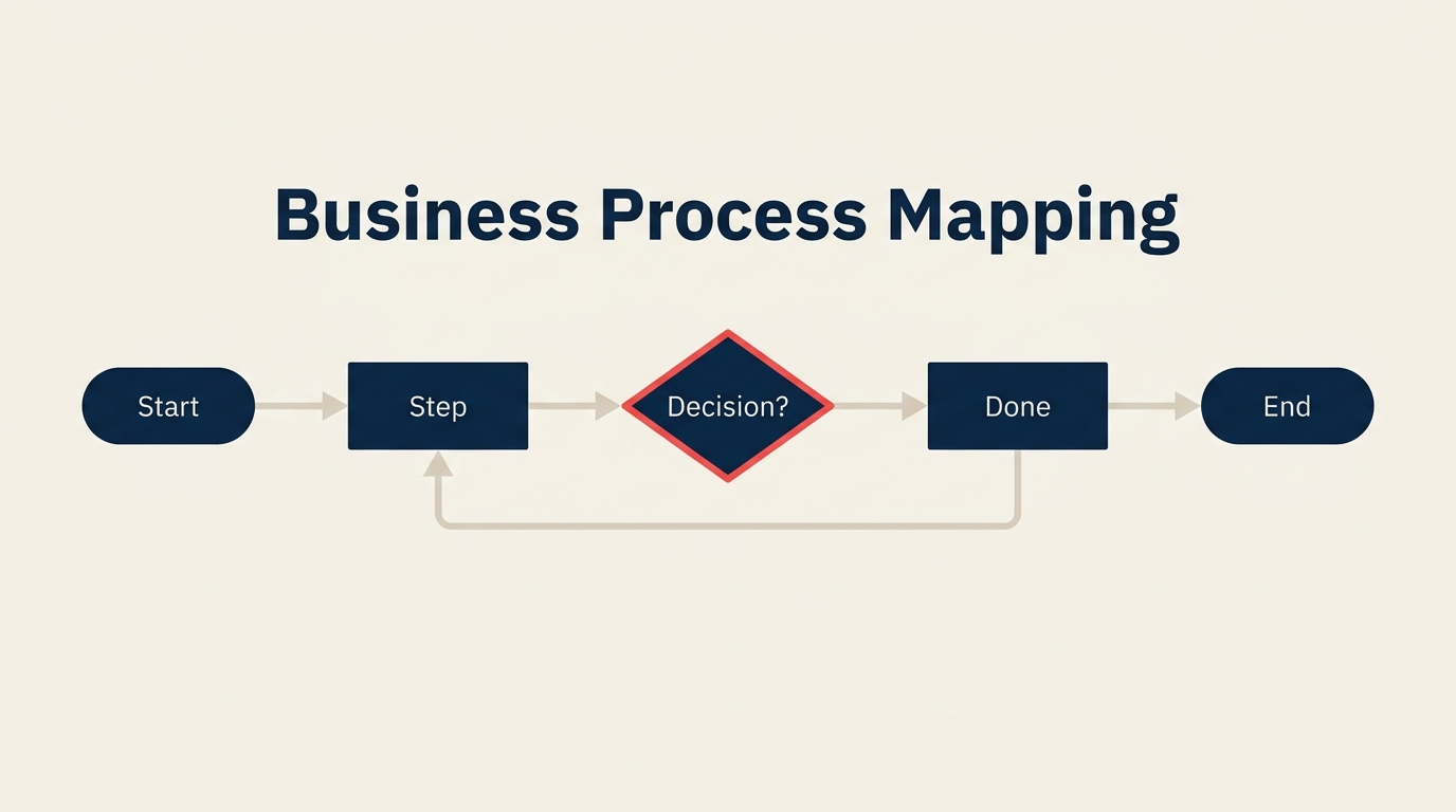 Business process mapping diagram with start and end nodes connected by decision branches