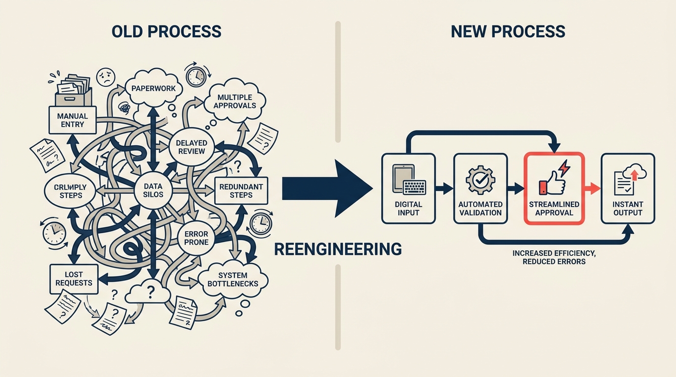 Business process reengineering transforming a tangled process into a streamlined one