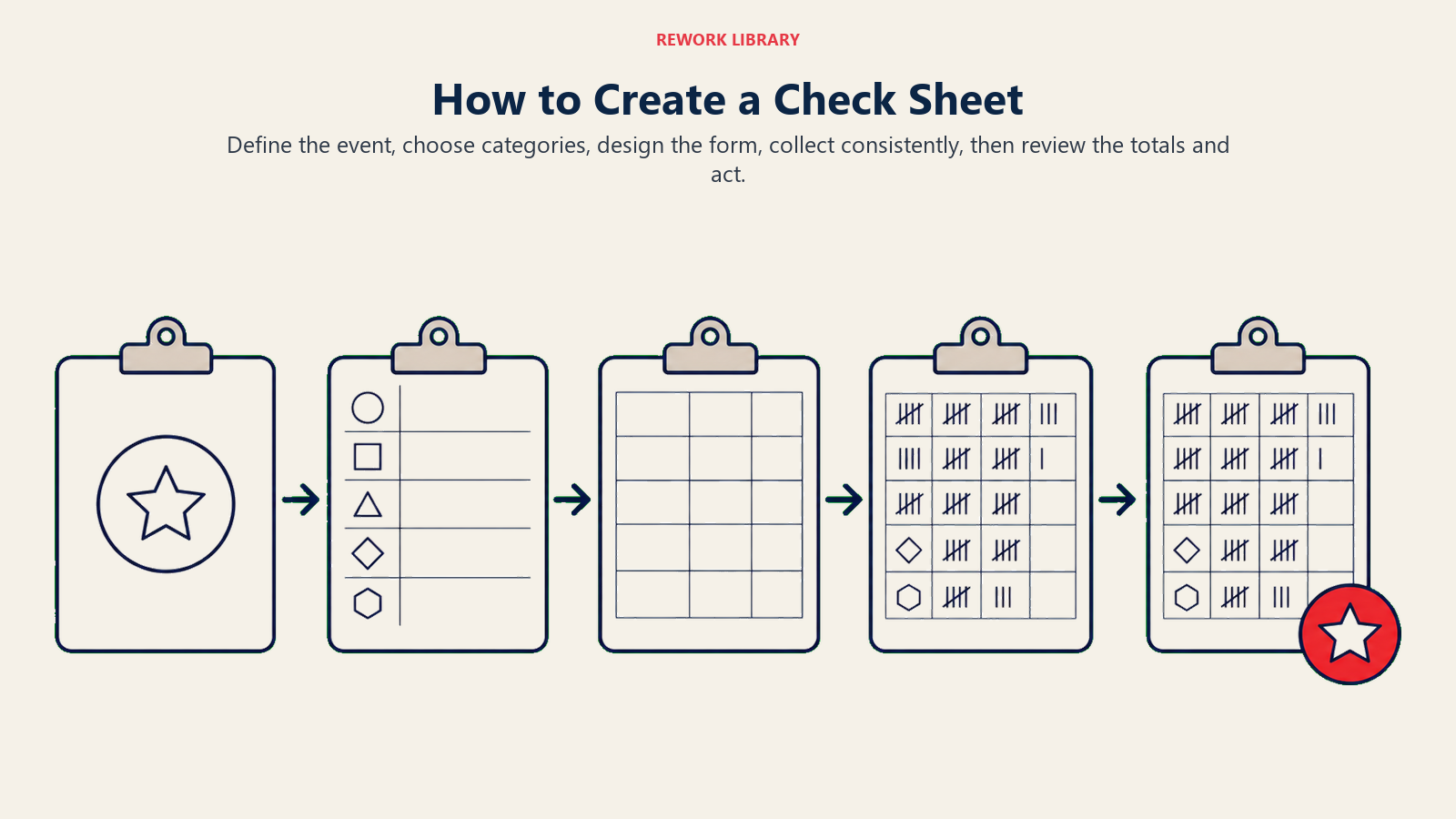 Five-step sequence for defining, designing, collecting, and acting on check sheet data