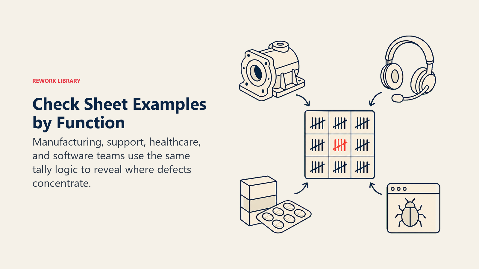 Manufacturing, support, healthcare, and software observations feeding a shared check sheet