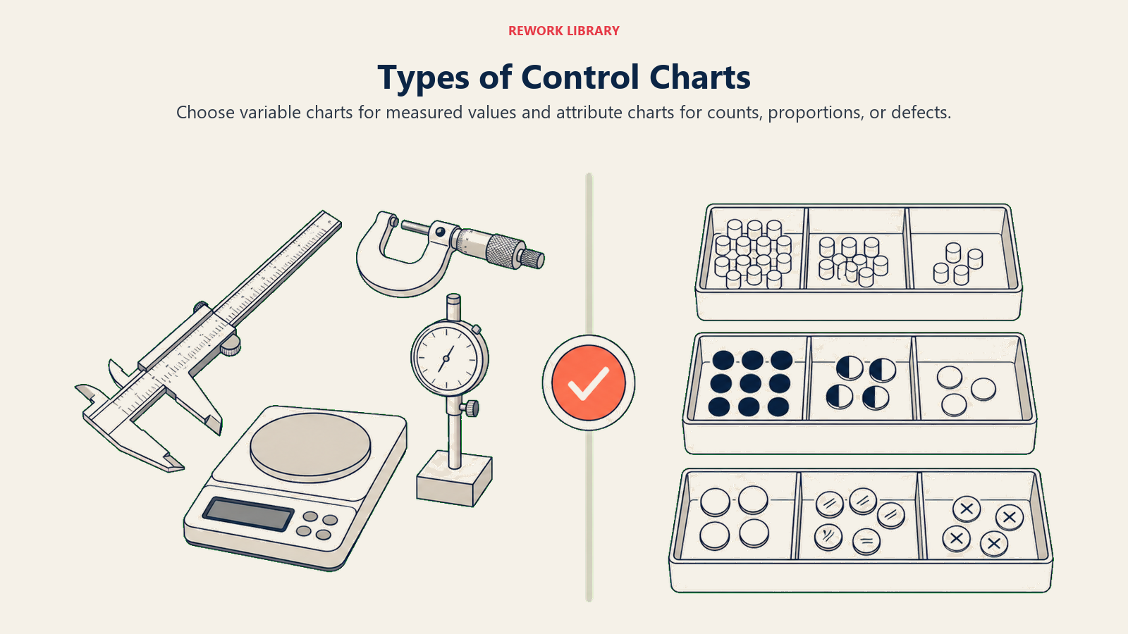 Control chart types compared for continuous measurements and attribute counts