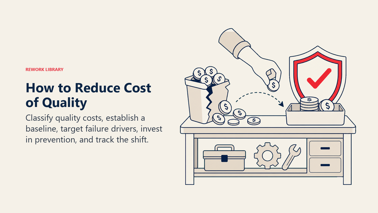 How to Reduce Cost of Quality illustrated as quality-cost workbench moving coins from a broken bin into a prevention shield.