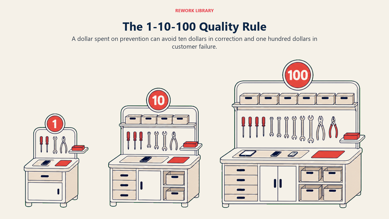 The 1-10-100 Quality Rule illustrated as three escalating repair stations marked 1, 10, and 100.