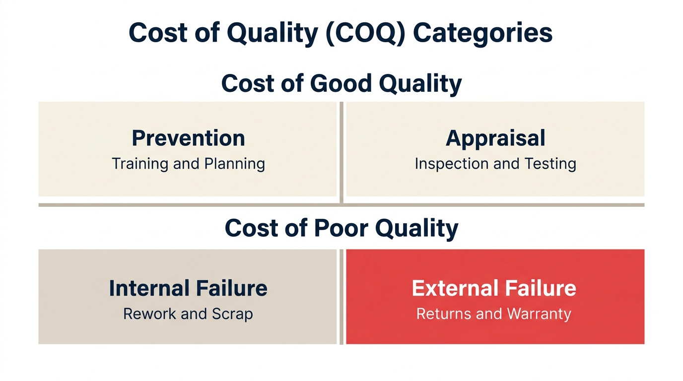 Four-quadrant diagram showing the cost of quality categories: Prevention, Appraisal, Internal Failure, External Failure