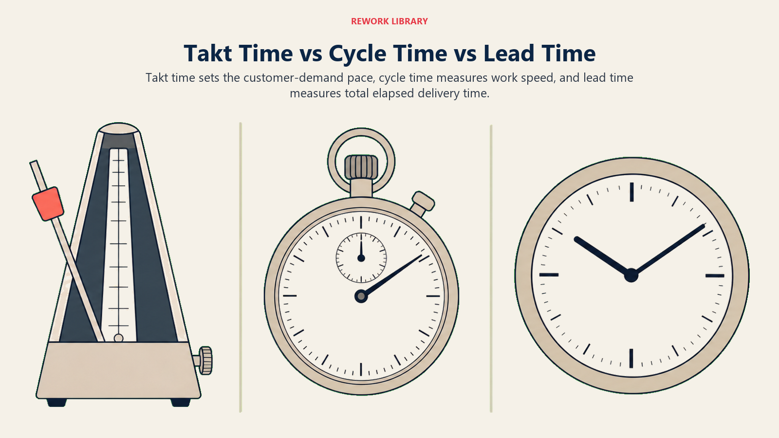 Takt time, cycle time, and lead time compared as demand pace, work speed, and delivery elapsed time