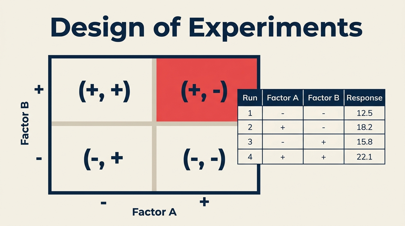 Design of experiments factorial grid matrix showing factor levels and experimental runs