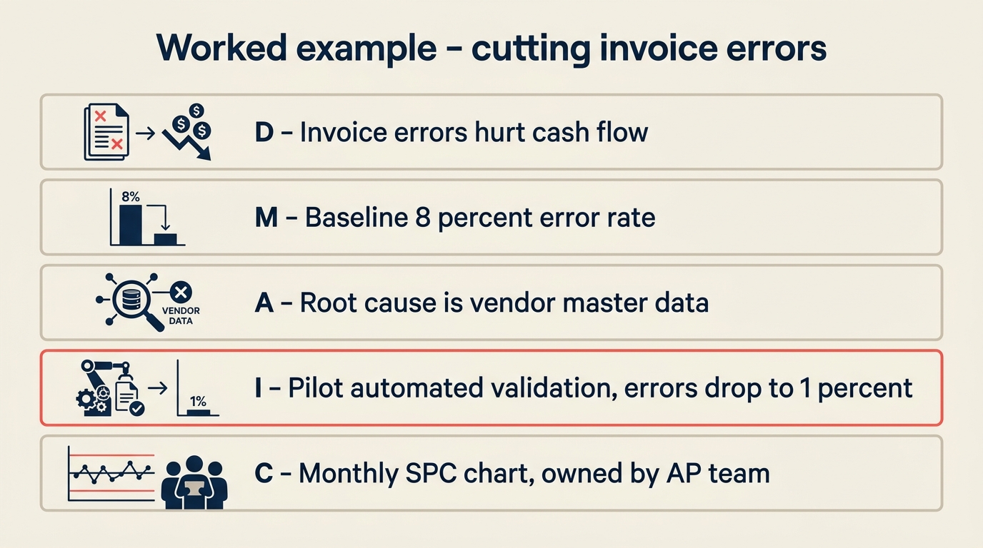 Worked DMAIC example for cutting invoice errors at a B2B company with measurements and root cause