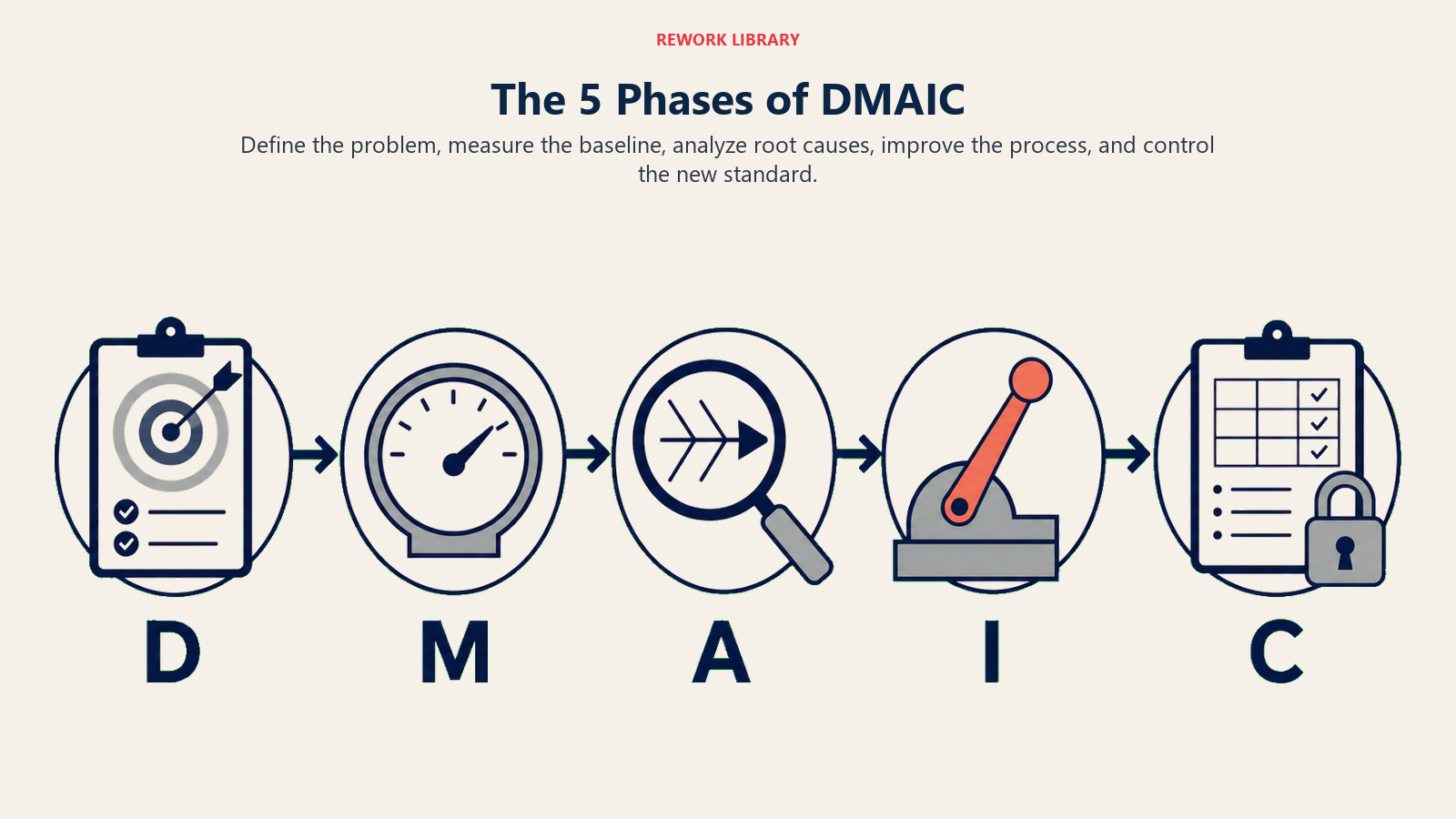 Five phases of DMAIC from defining the problem through controlling the improved process.