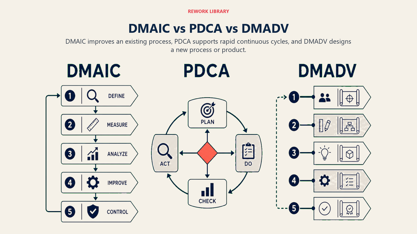 DMAIC versus PDCA versus DMADV comparing process improvement, continuous cycles, and new design routes.
