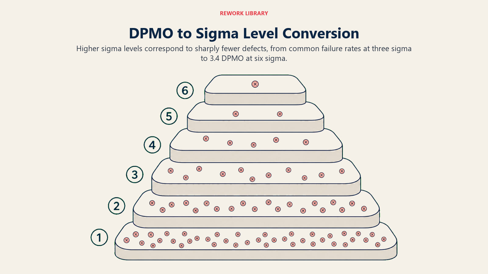 Six sigma quality terraces showing defect rates falling sharply as sigma level rises