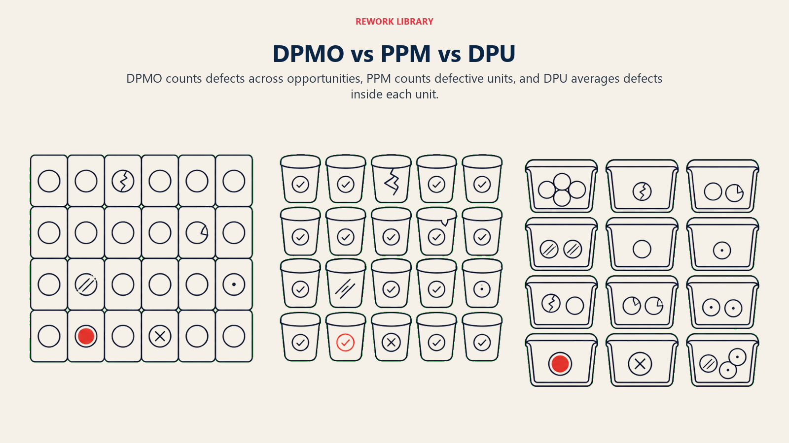 DPMO, PPM, and DPU compared by opportunities, defective units, and defects per unit