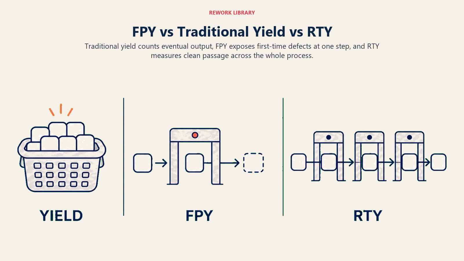 FPY vs Traditional Yield vs RTY shown as a wide three-way comparison: finished-output basket, single first-pass gate with rework excluded, and multi-step clean-through chain; sparse labels YIELD, FPY, RTY.
