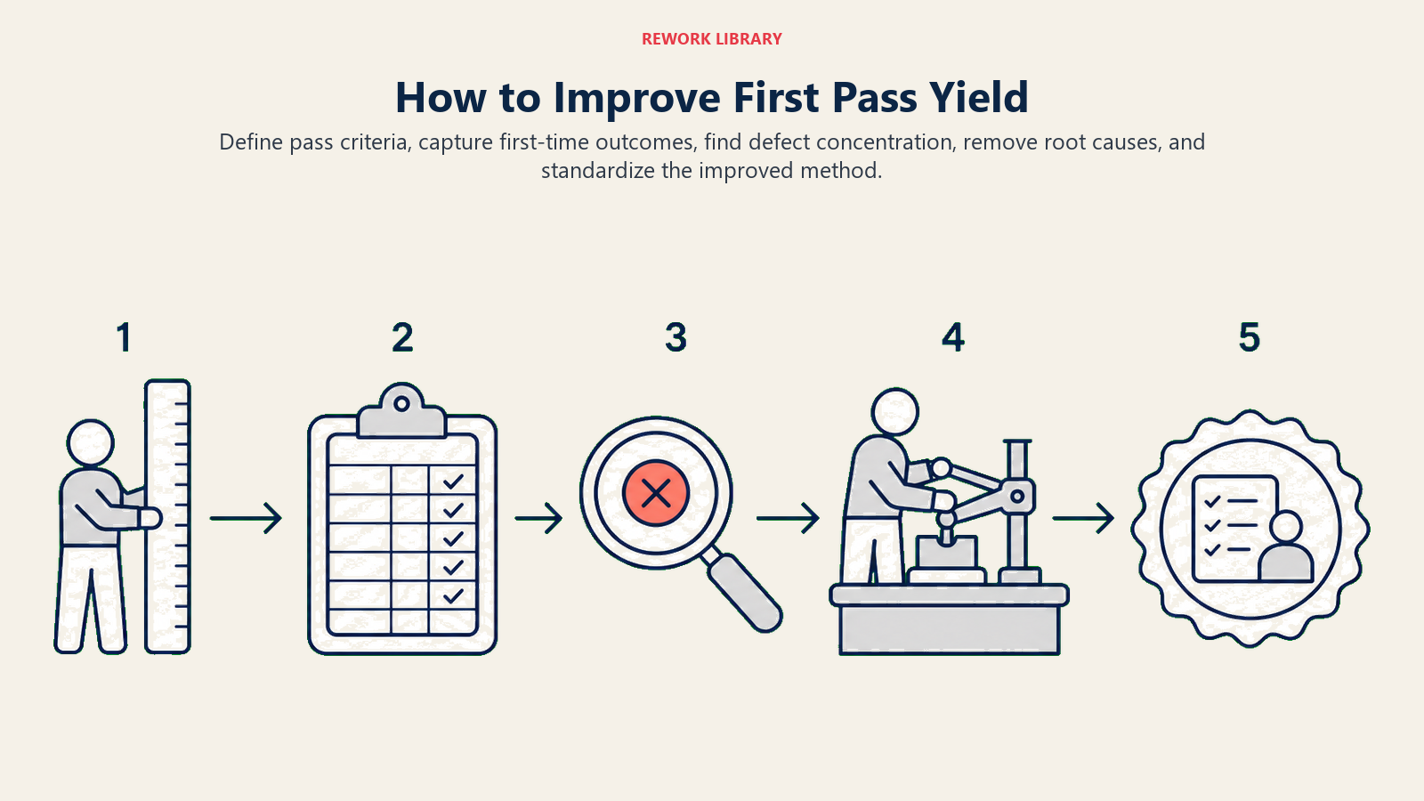 How to Improve First Pass Yield shown as a wide improvement route moving from acceptance ruler to check sheet, defect magnifier, repaired process fixture, and standard-work seal; sparse numbers 1 to 5.