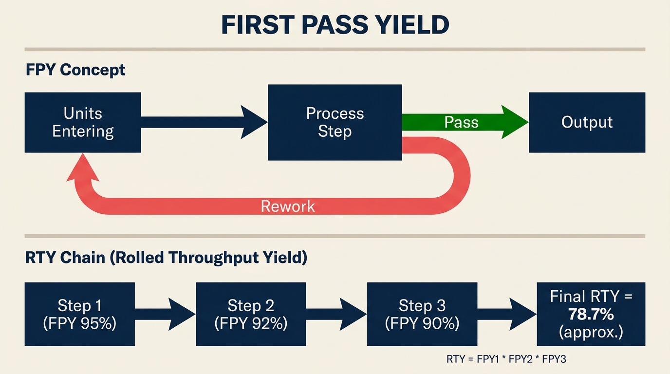 First pass yield flow diagram showing units passing first time versus rework loop, with RTY multi-step chain