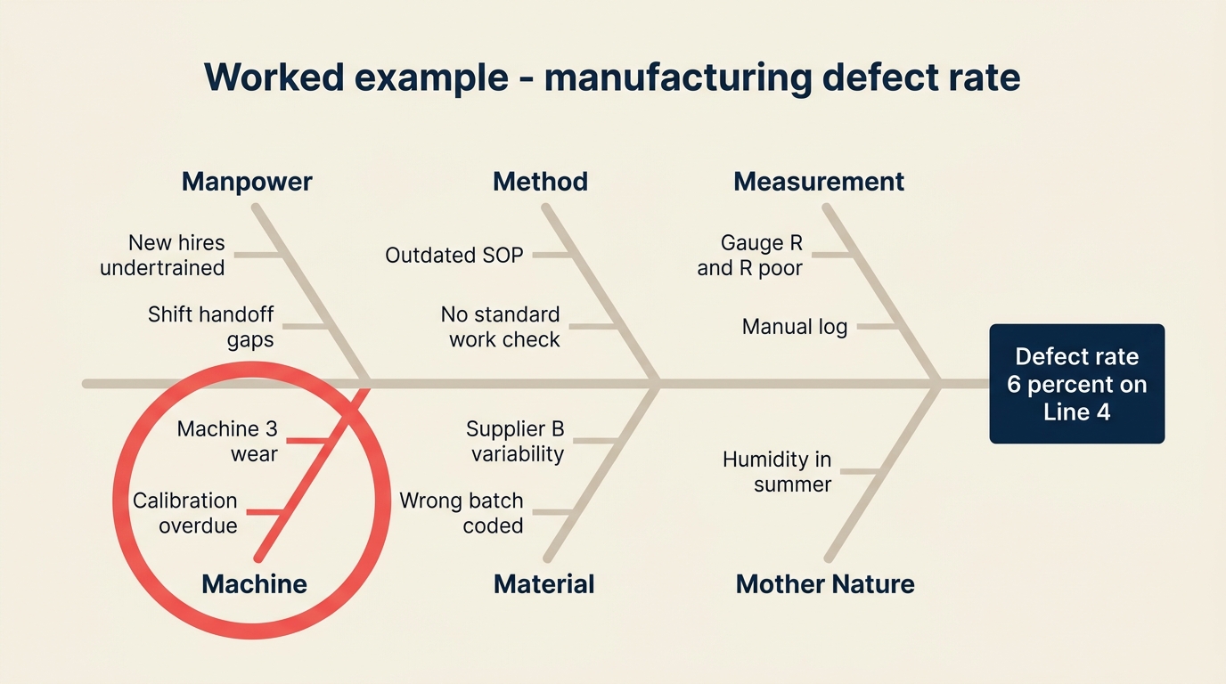 Worked fishbone diagram showing causes of high defect rates on a manufacturing line categorized by 6Ms