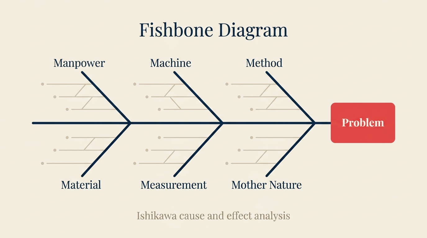 Fishbone diagram with six branches representing root cause categories pointing toward a problem statement