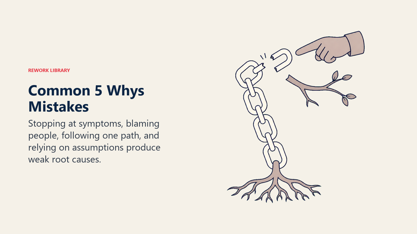 Common 5 Whys mistakes shown as a broken root-cause chain