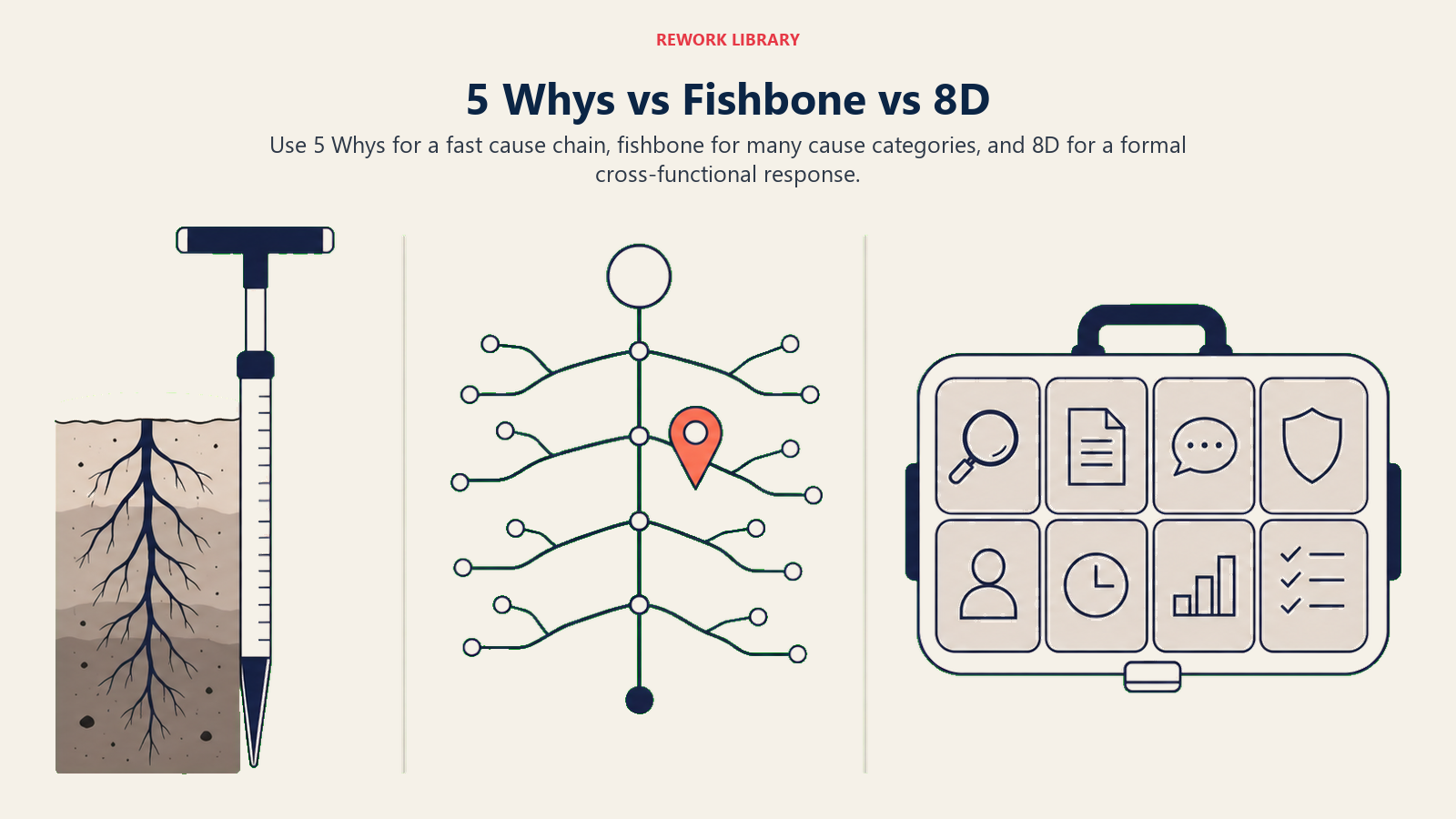 5 Whys, fishbone diagram, and 8D compared as three root-cause investigation tools