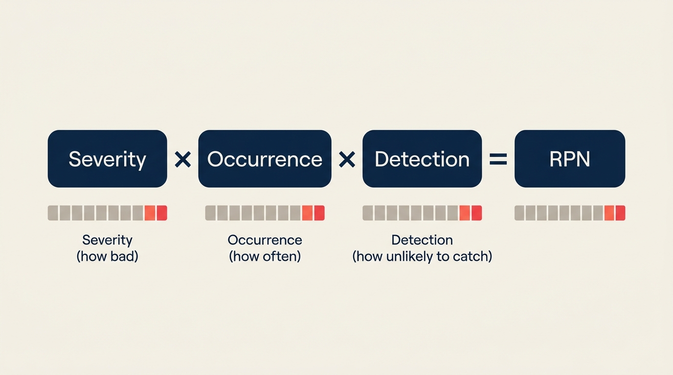 FMEA risk priority number formula: severity times occurrence times detection
