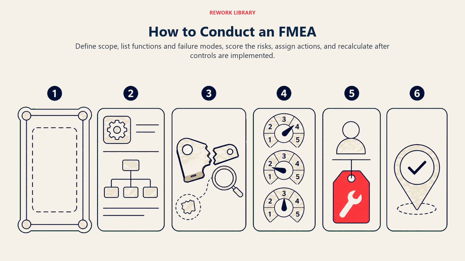 FMEA steps from defining scope and failure modes through action tracking and risk rescoring